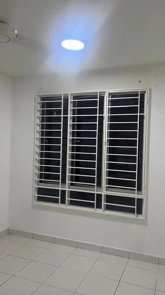 Room features: white painted walls, white ceiling, recessed ceiling light, sliding window with security bars, white window frame, tile flooring, square floor tiles, 1 ceiling fan; style: modern.