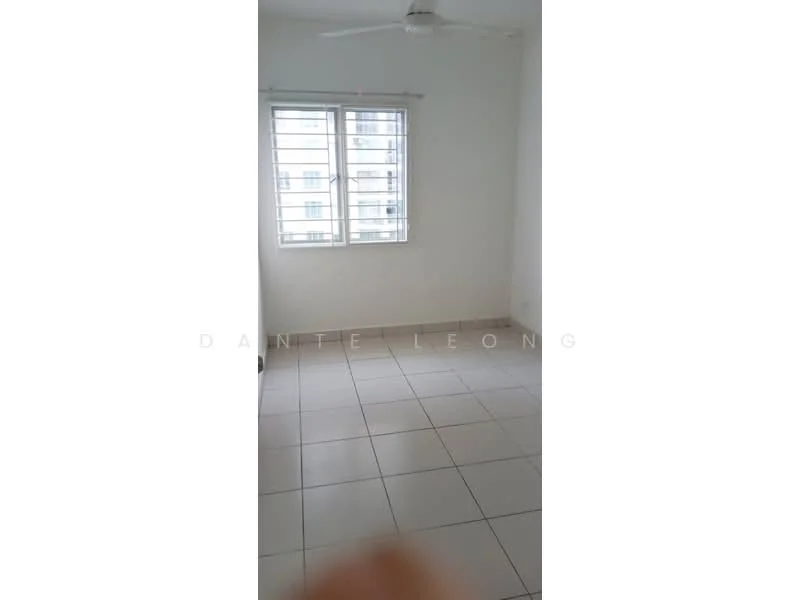 Room features: white painted walls, tile flooring, ceiling fan, window with horizontal blinds, natural light from window.