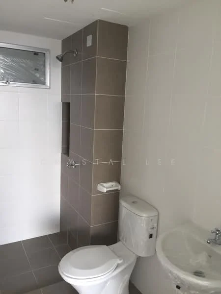 Bathroom features: white tiled walls, grey tiled flooring, walk-in shower with glass enclosure, chrome handheld shower, single-sink vanity with white cabinet, chrome basin mixer, one-piece toilet, toilet paper holder, mirror above sink, window for natural light; style: modern.