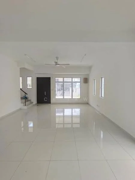 Living features: white painted walls, glossy white tile flooring, 5-blade ceiling fan, large windows with no treatments, staircase visible in background, neutral color palette, open layout, natural light from windows; style: modern.