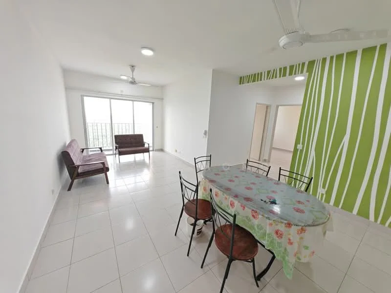 Living features: white painted walls, green accent wall with vertical stripes, white ceiling, 5-blade ceiling fan with light, large sliding glass door, floor-to-ceiling windows, rectangular dining table with floral tablecloth, 4 metal dining chairs with wooden seats, 2-seater wooden sofa, 1-seater wooden sofa, ceramic tile flooring; style: modern; view: city.