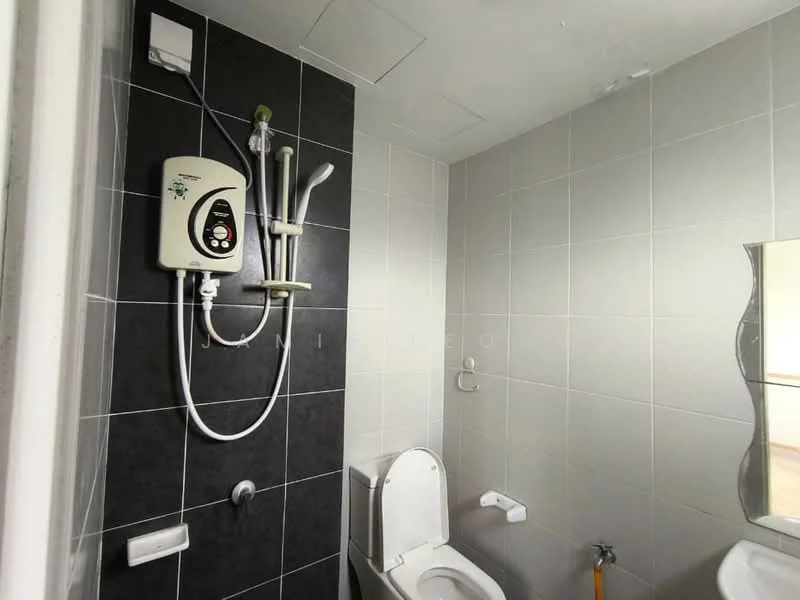 Bathroom features: white tiled walls, grey tiled walls, one-piece toilet, shower with wall-mounted water heater, chrome showerhead, chrome faucet, framed mirror, tile flooring; style: modern.