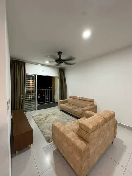 Living features: beige fabric 3-seater sofa, beige fabric 2-seater sofa, area rug with neutral color, wall-mounted ceiling fan, recessed LED downlights, floor-to-ceiling sliding glass door, curtains in dark brown, white painted walls, grey tiled flooring; style: modern.