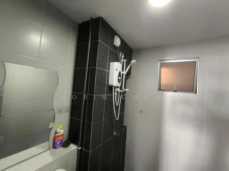 Bathroom features: white tiled walls, grey accent wall, shower with handheld showerhead, wall-mounted water heater, mirror with decorative frame, white ceramic toilet, small window, ceiling light; style: modern.