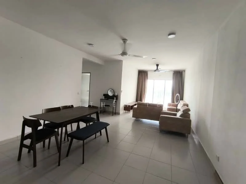 Living features: 3-seater fabric sofa in beige, 2-seater fabric sofa in beige, coffee table, floor-to-ceiling windows, curtains, ceiling fan, recessed downlights, tile flooring, white painted walls, area rug, TV console, wall-mounted mirror; style: modern. Dining features: 6-seater dining table, wooden dining chairs, blue upholstered bench, tile flooring, white painted walls; style: modern.