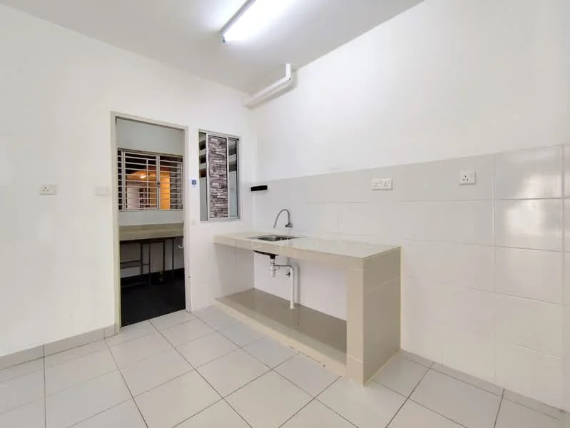 Kitchen features: white tiled walls, light grey countertop, single-bowl stainless-steel sink, chrome pull-down faucet, white ceramic tile flooring, fluorescent ceiling light, window with security bars, open shelving below countertop; style: modern.