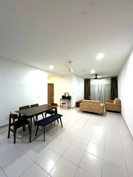 Living features: white painted walls, tile flooring, 5-blade ceiling fan with light, sofa in beige fabric, 2-seater sofa, 3-seater dining table, blue upholstered dining chair, brown wooden dining chairs, curtains in dark fabric, wall-mounted mirror; style: modern.