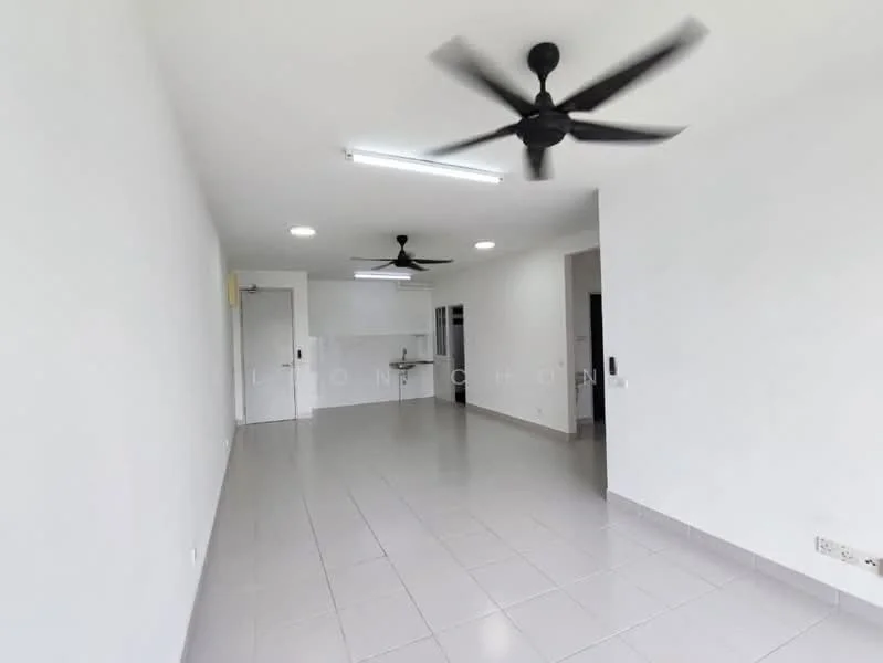 Living features: white painted walls, grey tiled flooring, 2 ceiling fans, recessed LED downlights, open layout, doorway to kitchen, doorway to hallway, large windows, neutral decor; style: modern. Kitchen features: white cabinetry, grey countertop, stainless-steel appliances, open to living area; style: modern.