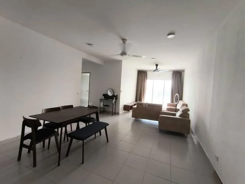 Living features: 3-seater fabric sofa in beige, 2-seater fabric sofa in beige, coffee table, floor-to-ceiling windows, curtains, ceiling fan, LED ceiling light, tile flooring, white painted walls; style: modern. Dining features: 6-seater dining table, wooden dining chairs, blue upholstered bench, tile flooring, white painted walls; style: modern.