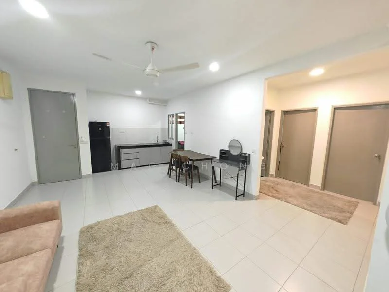 Living features: light grey tiled flooring, white painted walls, 5-blade ceiling fan with light, sofa in light beige, dining table with 4 chairs, black console table, mirror on console table, area rug in beige, refrigerator, kitchen cabinetry visible in background; style: modern. Room features: doorways leading to other rooms.