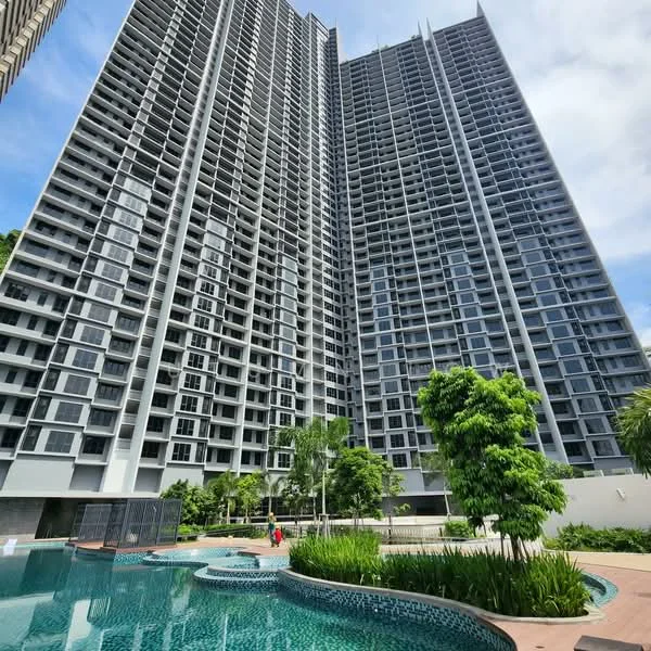 Exterior type: high-rise condominium; features: glass curtain wall, recessed balconies, approximately 30-storey high-rise, infinity pool, pool deck with loungers, manicured landscaping, tropical landscaping, mature trees, surrounded by greenery; style: modern.