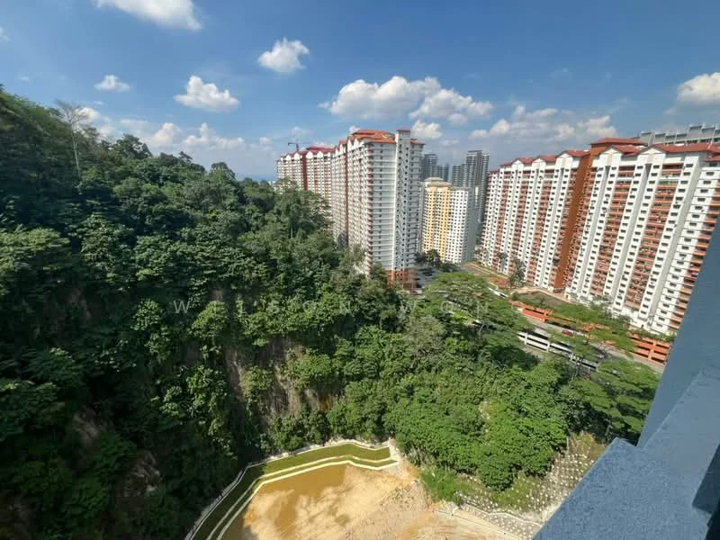 Exterior type: high-rise condominium; features: multiple high-rise buildings, green hillside, landscaped gardens, swimming pool area, parking levels visible, surrounding greenery, urban skyline in background, blue sky with clouds; style: modern.