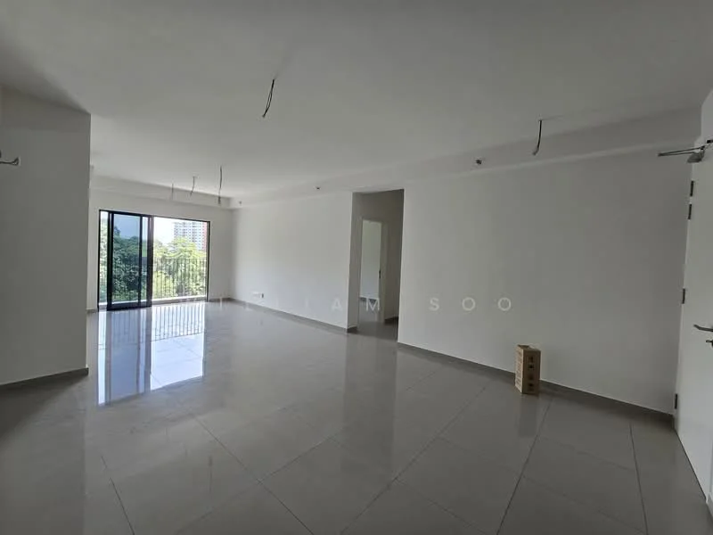 Room features: white painted walls, polished ceramic tile flooring, floor-to-ceiling windows, sliding glass door, natural light from windows, open layout, ceiling lights, no visible furniture; style: modern; view: garden.
