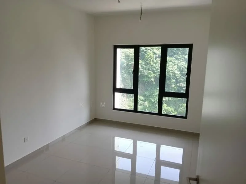 Room features: white painted walls, glossy ceramic tile flooring, floor-to-ceiling windows, black window frames, natural light from windows, minimalist design, no visible furniture, plain ceiling; style: modern; view: garden.