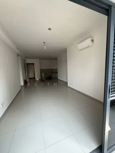 Room features: white painted walls, grey tiled flooring, recessed downlights, 1 wall-mounted split AC, sliding glass door, floor-to-ceiling windows, open layout, no visible furniture; style: modern; view: city.