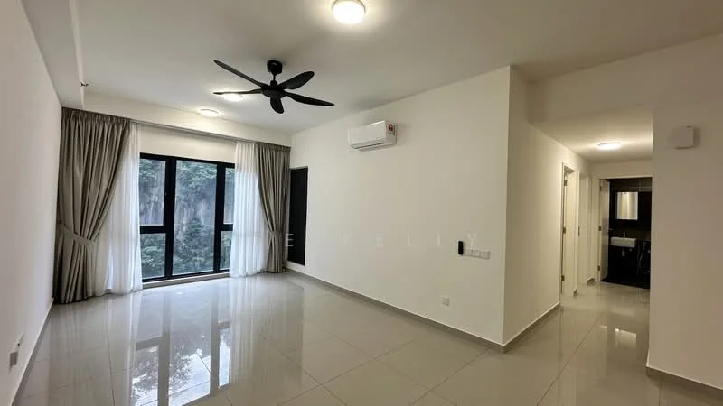 Living features: white painted walls, glossy ceramic tile flooring, 5-blade ceiling fan with light, floor-to-ceiling windows, blackout curtains, wall-mounted split AC, recessed downlights, door leading to bathroom, view of greenery; style: modern; view: garden.