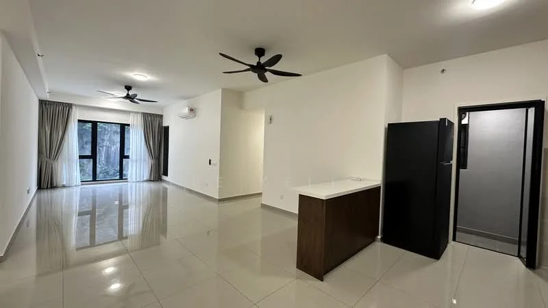 Living features: white painted walls, glossy tile flooring, 2 ceiling fans, floor-to-ceiling windows, sliding glass door, curtains, recessed downlights, kitchen island with countertop, black refrigerator, stainless-steel fridge, air conditioning unit; style: modern; view: garden.