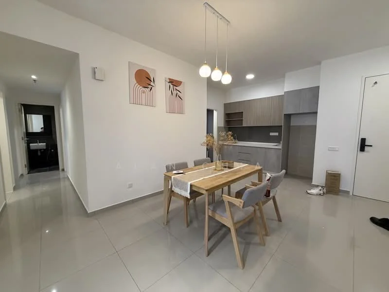 Dining features: dining table with 4 chairs, pendant lighting with three bulbs, white painted walls, grey tile flooring, decorative wall art, open kitchen layout, built-in cabinetry, kitchen countertop, recessed lighting, doorway leading to hallway; style: modern. Room features: grey cabinetry, kitchen area visible, doorway to bathroom visible.