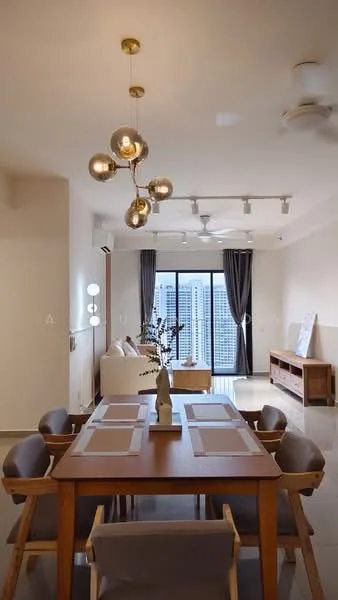 Dining features: wooden dining table with 6 chairs, pendant light fixture with multiple bulbs, white painted walls, polished tile flooring, floor-to-ceiling windows, grey curtains, decorative vase on table, sideboard with storage; style: modern; view: city. Living features: sofa, coffee table, TV console, wall-mounted TV; style: modern; view: city.
