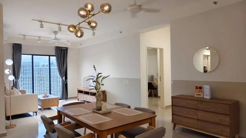 Living features: 3-seater fabric sofa in light beige, 2-seater fabric sofa in light beige, wooden coffee table, sideboard with drawers, dining table for 6 with placemats, upholstered dining chairs, chandelier with multiple bulbs, ceiling fan with light, floor-to-ceiling windows, curtains in dark grey, decorative mirror, decorative plant in vase, light-colored tiled flooring, neutral painted walls; style: modern; view: city.