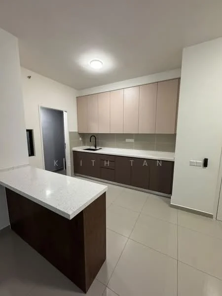 Kitchen features: L-shaped kitchen layout, light brown cabinetry, dark brown lower cabinets, white quartz countertop, single-bowl stainless-steel sink, black gooseneck faucet, ceramic tile flooring, recessed ceiling lights, wall-mounted oven, built-in microwave, backsplash with neutral tiles; style: modern.