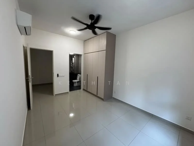 Room features: white painted walls, glossy tile flooring, 5-blade ceiling fan, wall-mounted split AC, built-in wardrobe with sliding doors, doorway leading to bathroom, doorway leading to hallway, recessed ceiling lights; style: modern.
