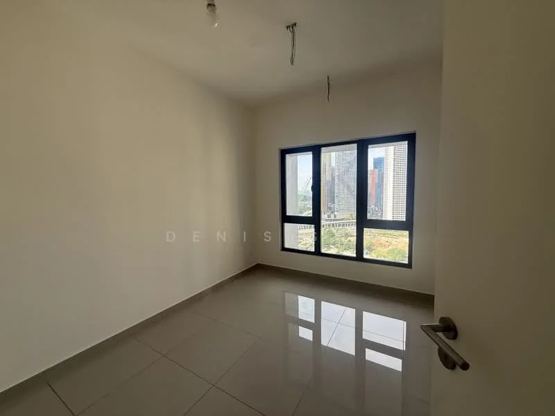 Room features: white painted walls, glossy tile flooring, floor-to-ceiling windows, city view, ceiling light fixture, no visible furniture, minimal decor, neutral color scheme; style: modern; view: city.