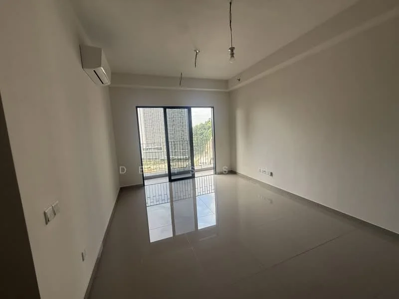 Living features: white painted walls, polished ceramic tile flooring, 1 wall-mounted split AC, floor-to-ceiling sliding glass door, natural light from large window, minimalist ceiling with exposed light fixtures; style: modern; view: city.