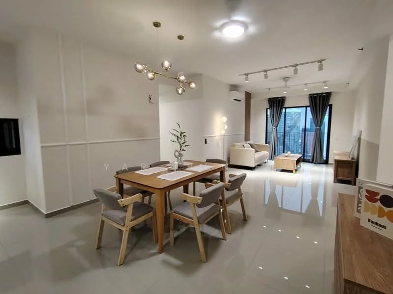 Dining features: 6-seater dining table, grey upholstered dining chairs, chandelier with multiple bulbs, white painted walls, polished ceramic tile flooring, floor-to-ceiling windows, curtains in dark fabric, air conditioning unit, decorative plant in vase, wooden sideboard, light-colored sofa, wooden coffee table; style: modern; view: city.