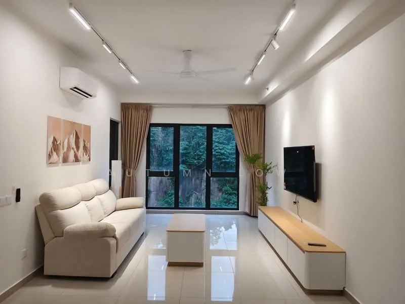 Living features: 3-seater fabric sofa in beige, coffee table, wall-mounted TV, TV console with storage, floor-to-ceiling windows, sheer curtains, white painted walls, recessed LED downlights, ceiling fan, glossy tile flooring, decorative artwork on wall; style: modern; view: garden.
