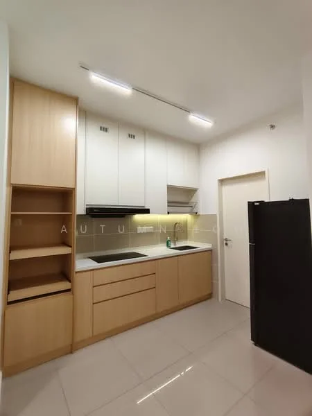 Kitchen features: light wood cabinetry, white upper cabinets, black built-in oven, black cooktop, single-bowl stainless-steel sink, chrome pull-down faucet, grey countertop, open shelving, fridge, recessed LED downlights, white tiled backsplash, ceramic tile flooring; style: modern.