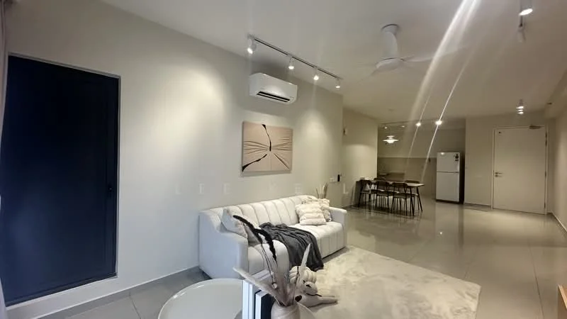 Living features: 3-seater fabric sofa in white, area rug with neutral color, coffee table, wall-mounted TV, 5-blade ceiling fan with light, recessed LED downlights, grey accent wall, sliding glass door, floor-to-ceiling windows, air conditioning unit, decorative artwork on wall; style: modern. Dining features: 4-seater dining table, metal dining chairs, open layout to living area, light fixture above table; style: modern. Kitchen features: stainless-steel fridge, built-in cabinetry, countertop, open layout to dining area; style: modern.