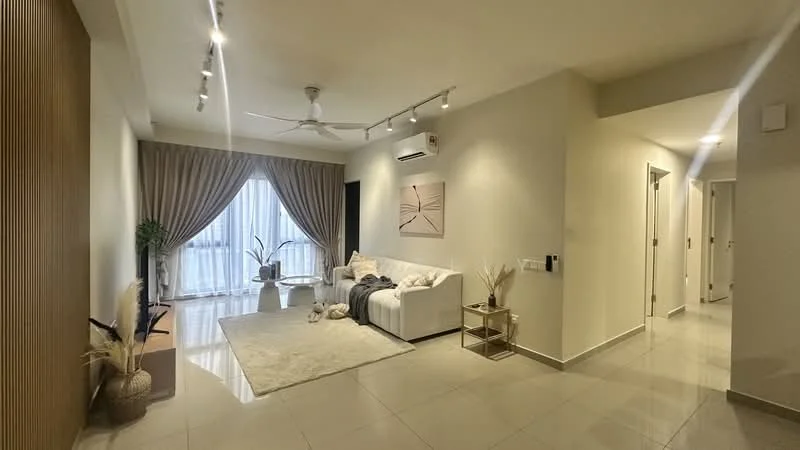 Living features: 3-seater fabric sofa in white, area rug with geometric pattern, floor-to-ceiling windows, sheer curtains, ceiling fan with light, recessed LED downlights, wall-mounted air conditioning unit, decorative plants in ceramic pots, light grey painted walls, tile flooring, coffee table, decorative wall art; style: modern; view: city. Room features: light grey painted walls, tile flooring, doorway leading to hallway, doorway leading to bathroom.