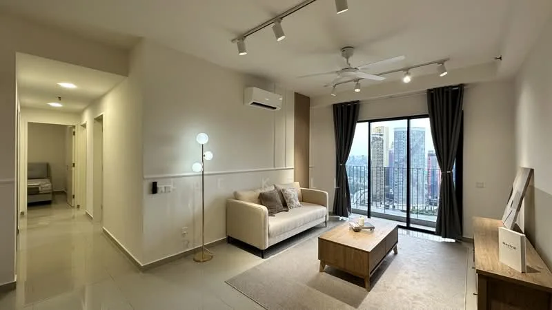 Living features: 3-seater fabric sofa in beige, coffee table in wood, area rug with neutral color, floor-to-ceiling windows, sliding glass door, curtains in dark grey, 5-blade ceiling fan with light, wall-mounted split AC, recessed LED downlights, decorative floor lamp, wall-mounted artwork, light-colored walls, polished tile flooring; style: modern; view: city. Room features: white painted walls, polished tile flooring, recessed lighting, doorway leading to hallway, doorway leading to bedroom.