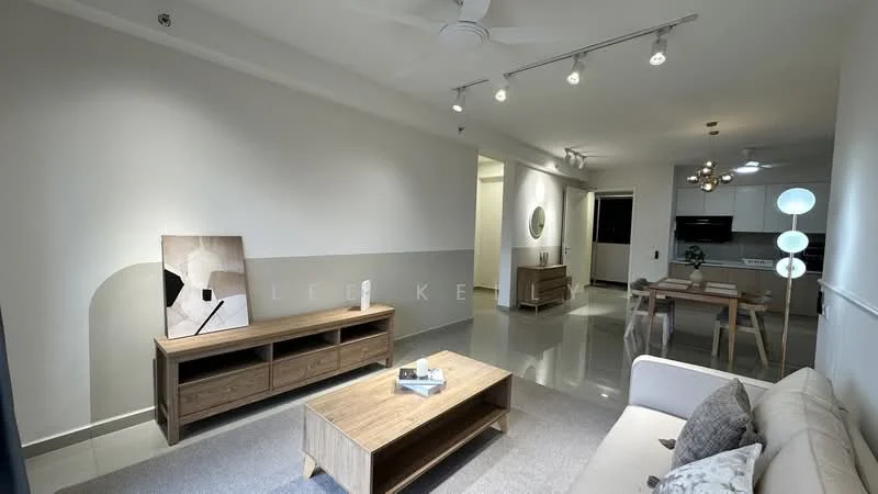 Living features: light grey painted walls, white ceiling with recessed downlights, 5-blade ceiling fan with light, large window with sheer curtains, cream area rug, 3-seater fabric sofa in light beige, wooden coffee table, wooden TV console, decorative artwork on wall, dining table with chairs visible in background; style: modern.