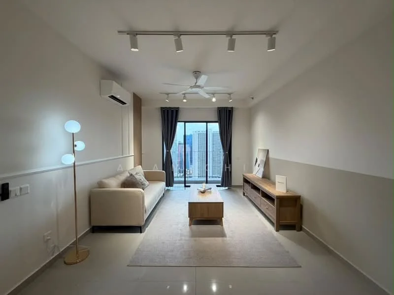 Living features: 3-seater fabric sofa in beige, wooden coffee table, TV console, wall-mounted TV, area rug, floor-to-ceiling windows, sliding glass door, 5-blade ceiling fan with light, recessed LED downlights, sheer curtains, decorative wall art, light-colored painted walls, grey accent wall, marble tile flooring, air conditioning unit; style: modern; view: city.