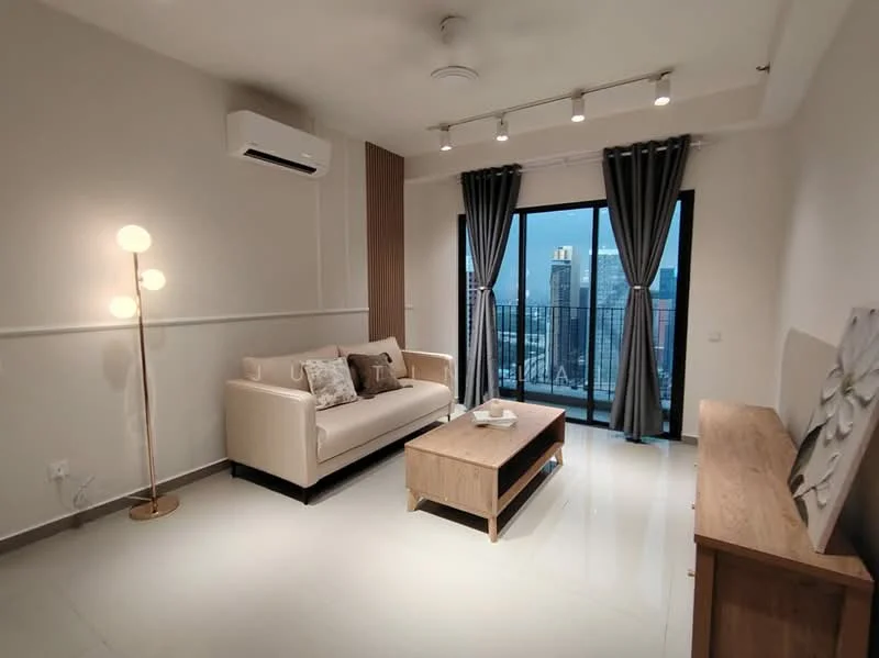 Living features: 3-seater fabric sofa in beige, wood coffee table, floor lamp with multiple bulbs, wall-mounted split AC, recessed LED downlights, curtains in grey, large floor-to-ceiling windows, city skyline view, light-colored tiled flooring, wooden sideboard; style: modern; view: city.