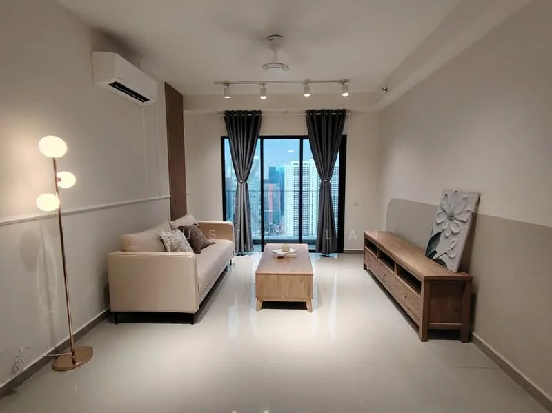 Living features: 3-seater fabric sofa in beige, wooden coffee table, TV console, wall-mounted TV, floor-to-ceiling windows, grey curtains, recessed downlights, 1 wall-mounted split AC, polished tile flooring, decorative wall art, lampshade floor lamp; style: modern; view: city.