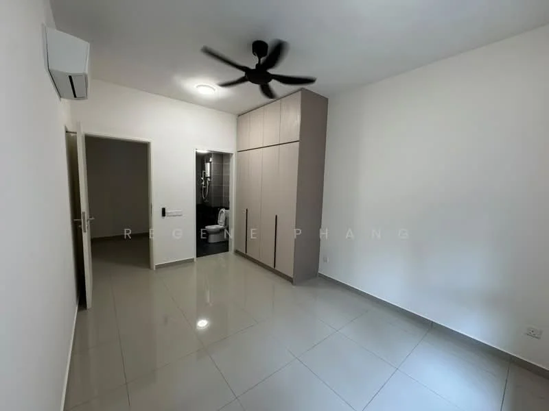 Room features: light grey tiled flooring, white painted walls, 5-blade ceiling fan, wall-mounted split AC, built-in wardrobe with sliding doors, doorway leading to bathroom, doorway leading to hallway, natural light from window; style: modern.
