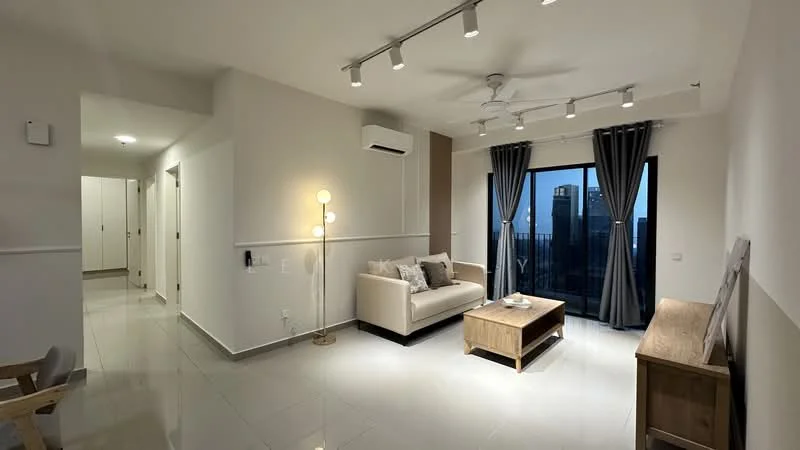 Living features: 3-seater fabric sofa in beige, wood coffee table, floor lamp, ceiling fan with integrated LED light, sliding glass door, floor-to-ceiling windows, grey curtains, white painted walls, polished tile flooring, air conditioning unit, decorative wall panel, area rug; style: modern; view: city. Room features: white painted walls, polished tile flooring, doorway to hallway.