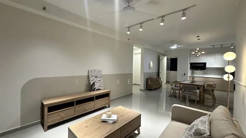 Living features: white painted walls, polished tile flooring, 5-blade ceiling fan with light, recessed LED downlights, sofa in light beige fabric, wooden coffee table, wooden TV console, decorative wall art, dining table with chairs in wood, open layout to kitchen, large windows with natural light; style: modern. Kitchen features: white cabinetry, stainless-steel appliances, kitchen island, recessed lighting, open-plan layout; style: modern.