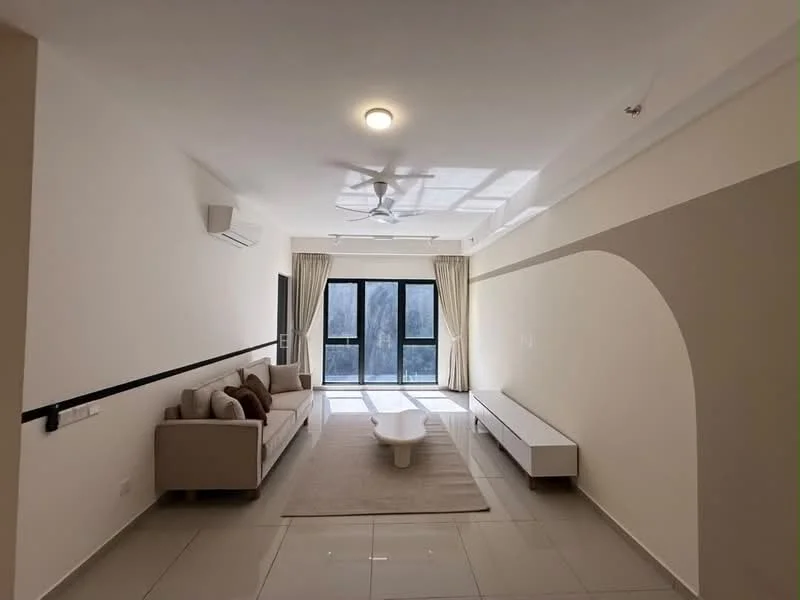 Living features: light beige painted walls, white ceiling, 5-blade ceiling fan with light, floor-to-ceiling windows, sheer curtains, light-colored sofa with cushions, coffee table, area rug, TV console, tile flooring; style: modern.