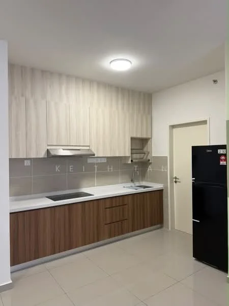 Kitchen features: laminate cabinetry in wood finish, white quartz countertop, stainless-steel sink, chrome pull-down faucet, built-in stove with hood, fridge in black finish, ceramic tile flooring, recessed ceiling lights, wall-mounted cabinets, grey tile backsplash; style: modern.