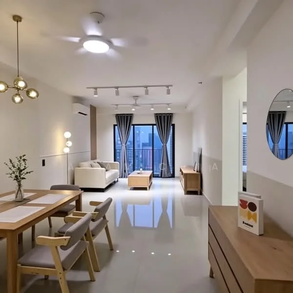 Living features: 3-seater fabric sofa in white, wooden dining table for 4, 4 wooden dining chairs, pendant light fixture with multiple bulbs, recessed LED downlights, 5-blade ceiling fan, floor-to-ceiling windows, sheer curtains, wooden sideboard, decorative mirror, light-colored tiled flooring, greenery in vase; style: modern; view: city.