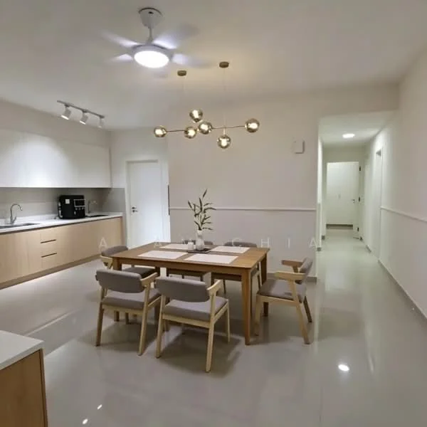 Dining features: wooden dining table, 4 wooden dining chairs, pendant light fixture with multiple bulbs, white painted walls, light grey tiled flooring, kitchen cabinetry with wood finish, built-in kitchen appliances, recessed ceiling lights; style: modern. Kitchen features: white cabinetry, stainless-steel coffee machine, kitchen countertop, sink, kitchen faucet; style: modern. Hallway features: white painted walls, light grey tiled flooring, doorways leading to other rooms.