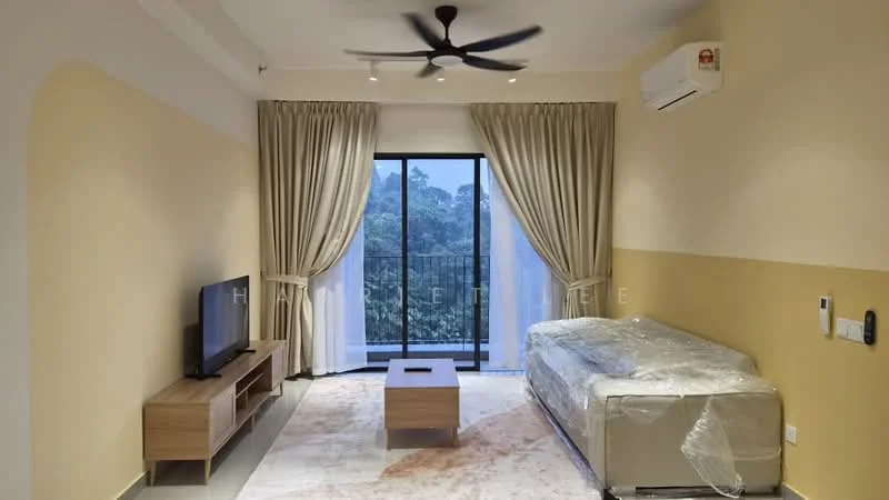 Living features: sofa covered in plastic wrap, wooden coffee table, TV console, wall-mounted TV, 5-blade ceiling fan, floor-to-ceiling windows, sheer curtains, recessed downlights, air conditioning unit, area rug with neutral tones, light-colored walls, grey flooring; style: modern; view: garden.