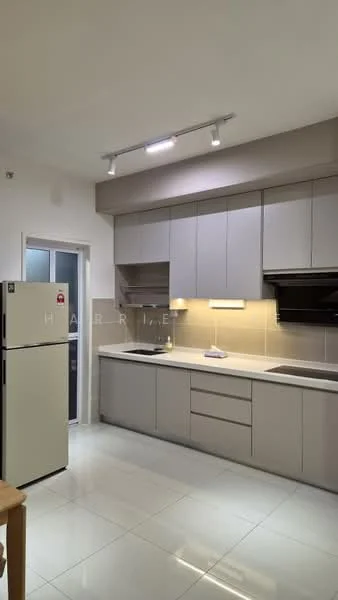Kitchen features: light grey cabinetry, white countertop, stainless-steel sink, chrome pull-down faucet, built-in oven, stainless-steel range hood, 4-burner gas hob, white tiled backsplash, recessed LED downlights, floor-to-ceiling cabinets, ceramic tile flooring, fridge, window with view to outside; style: modern.