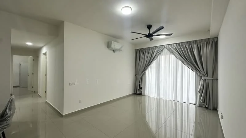Living features: white painted walls, glossy ceramic tile flooring, 5-blade ceiling fan with light, floor-to-ceiling sliding glass door, sheer curtains, recessed downlights, air conditioning unit, grey drapes; style: modern.