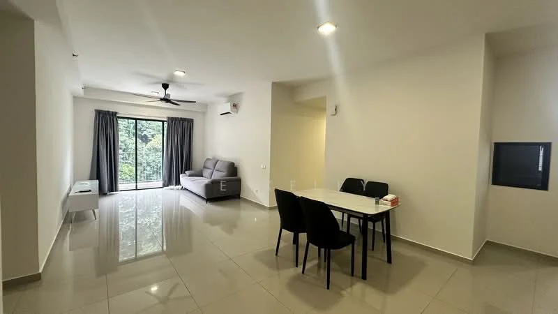 Living features: grey fabric sofa, 4-seater dining table, black dining chairs, floor-to-ceiling windows, sliding glass door, curtains, light-colored walls, glossy tile flooring, ceiling fan with light, wall-mounted air conditioning unit; style: modern; view: garden.