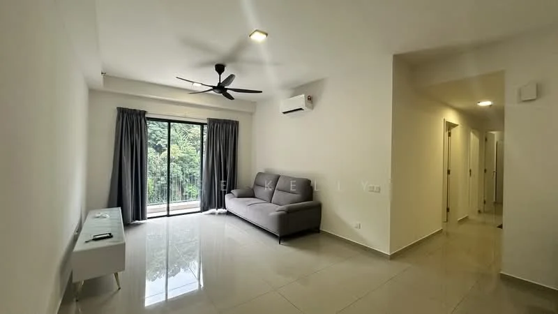 Living features: grey fabric sofa, white console table, floor-to-ceiling sliding glass door, blackout curtains, 5-blade ceiling fan with light, wall-mounted air conditioning unit, glossy ceramic tile flooring, neutral painted walls, recessed downlights; style: modern; view: garden.